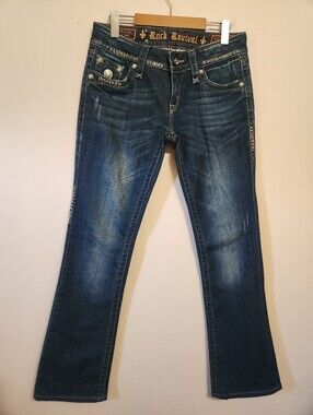 Rock Revival Celine Bootcut Jeans Dark Wash Thick Stitch Rhinestone Y2K McBling